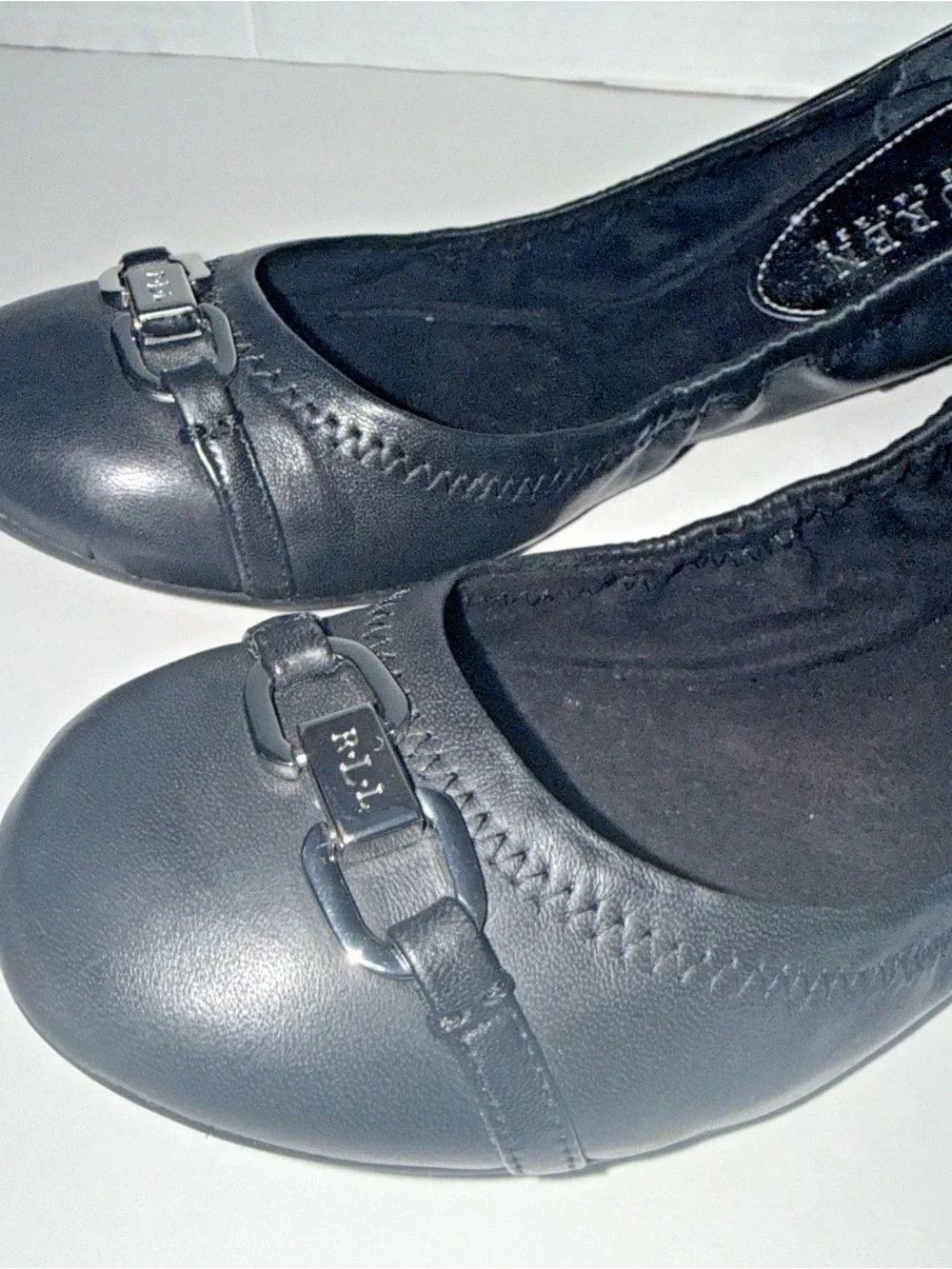 Lauren Ralph Lauren Black Leather Ballet Flats with Buckle Accent